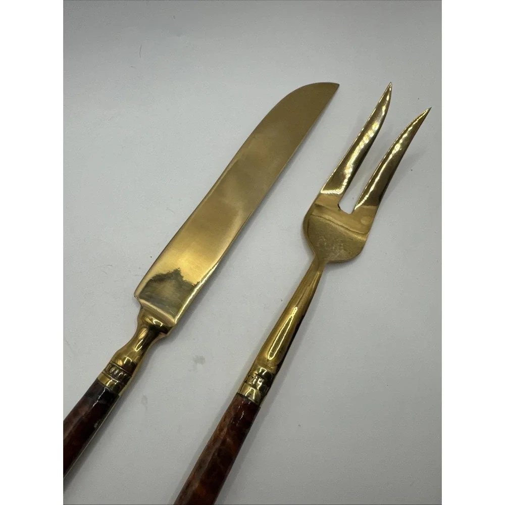 Vintage Burl wood handled‎ carving set. Gold tone.